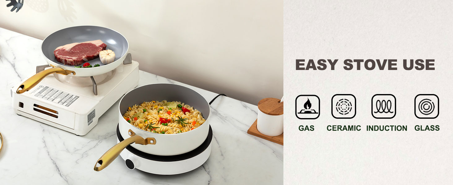 Набір посуду з керамічним покриттям: каструлі та сковорідки з кришками, здоровий, антипригарний (без PFAS, PFOA), для плити, духовки, мийки, бежевий/білий з золотом