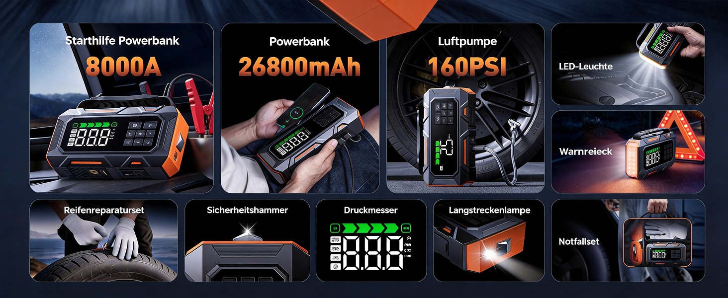Пусковий пристрій 14-в-1 для авто 8000A з компресором 160 PSI, Powerbank 26800mAh, бустер для бензинових та дизельних двигунів (до 12л), з LED-ліхтарем та набором для ремонту шин