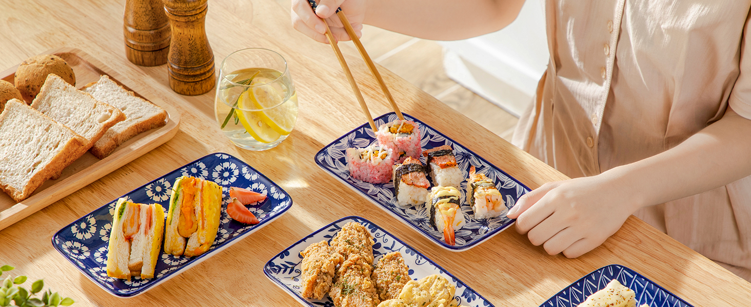 Набір тарілок Vancasso Selene 6 шт, прямокутні порцелянові тарілки для закусок, суші, десертів, фруктів, овочів 22x13 см