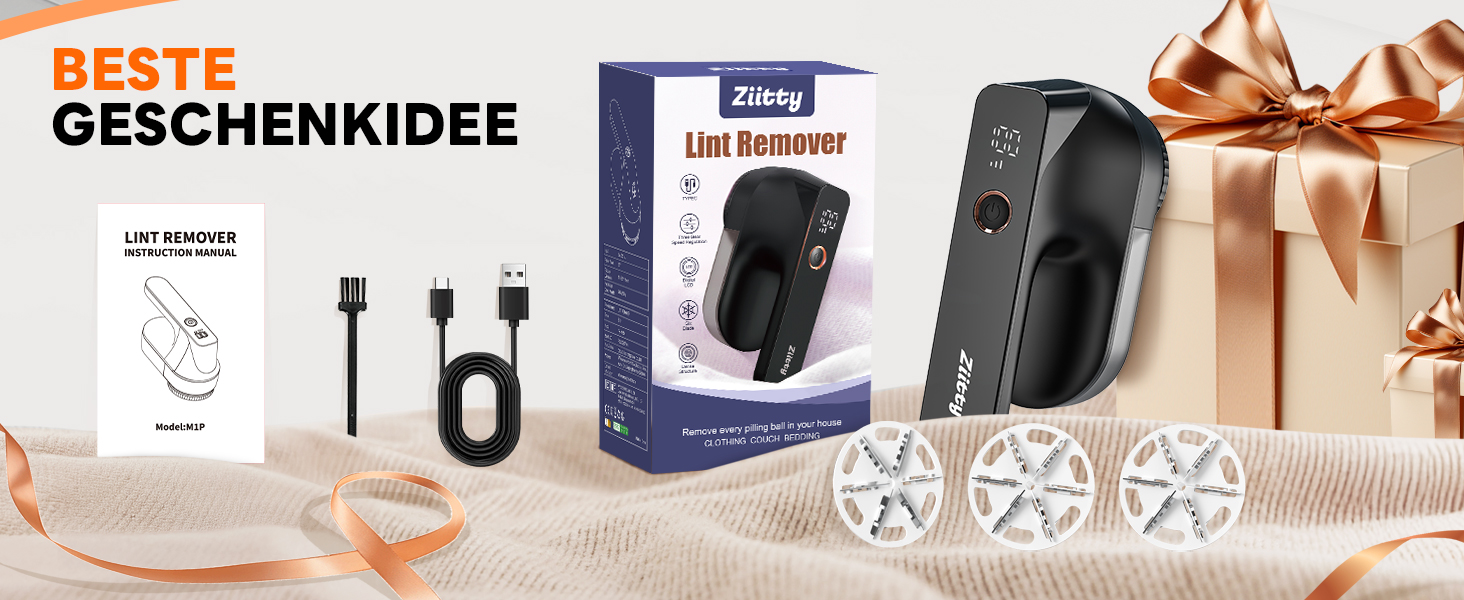 Електричний видалення ворсу Ziitty: 3 режими, 6-клинковий насадка, для різних тканин, Type-C зарядка, щітка для чищення
