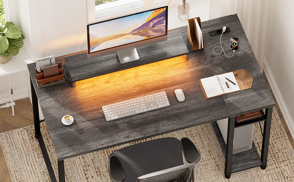 Ігровий стіл з LED підсвічуванням та розетками, стіл для комп'ютера з USB, стіл для ігор з підставкою для монітора, сучасний офісний/студентський стіл для офісу та ігрової кімнати (грабовий дуб)