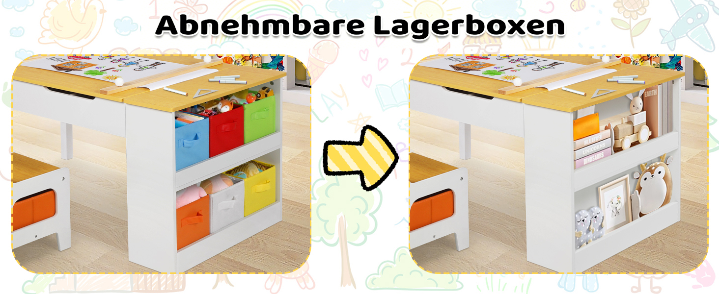 Дитячий стіл Kinder-Kunsttisch Set з 2 стільцями - дерев'яний набір для творчості для малюків з регульованою стільницею, відрами для пігментів та 8 тканинними ящиками для зберігання (Натуральний)