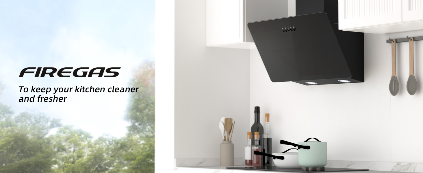 Похила витяжка для кухні FIREGAS 60 см, чорна, з LED-підсвіткою, безщеточним мотором та режимами відводу/рециркуляції повітря, клас енергоефективності A++