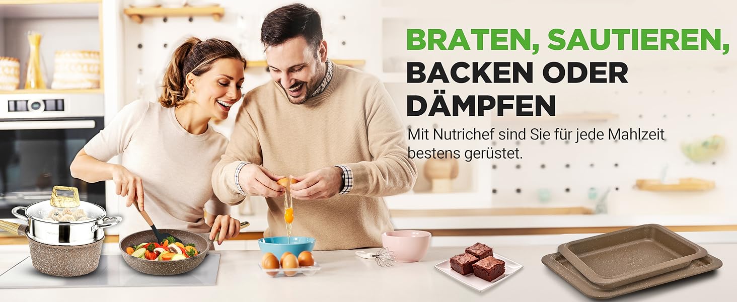 Набір посуду NutriChef Сандбраун 22 предмети: антипригарні каструлі та сковорідки з мармуровим покриттям, включаючи щипці для грилю, форму для випічки та рукавиці для духовки. Підходить для індукційних плит, можна мити в посудомийній машині