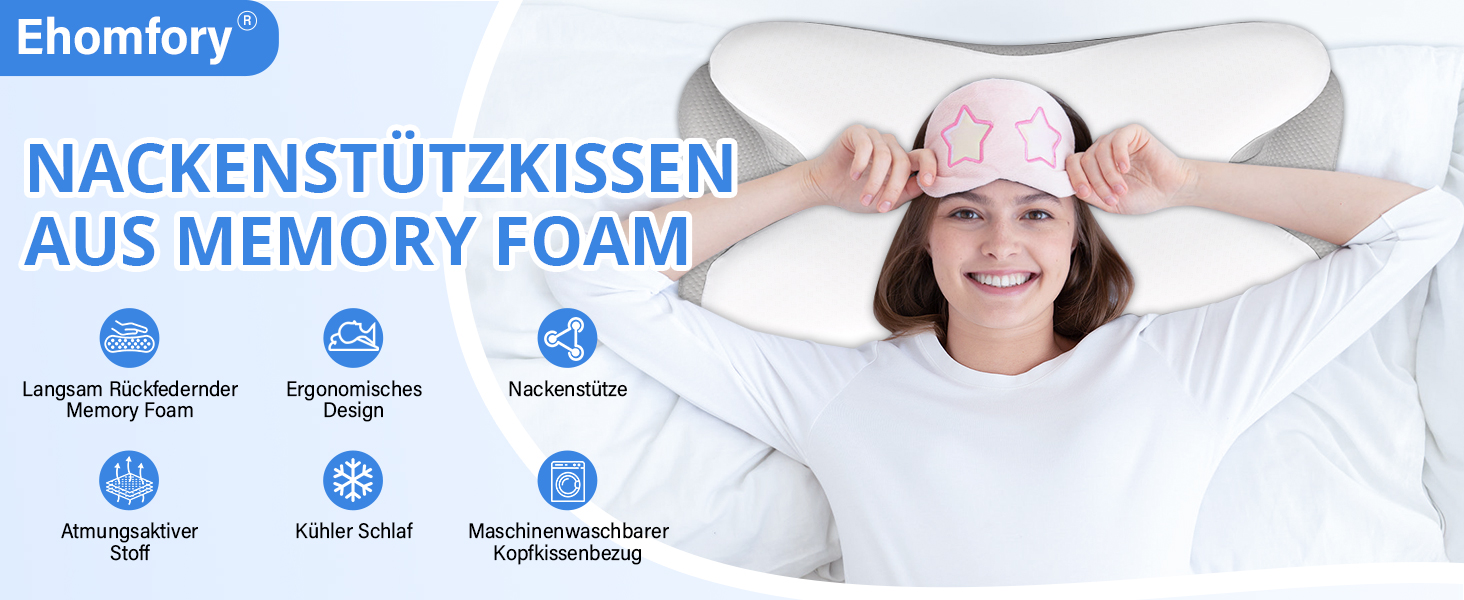 Подушка для шиї Ehomfory з ефектом пам'яті, ергономічна подушка для сну на боці, спині та животі, 69x37x9/12 см (біла)