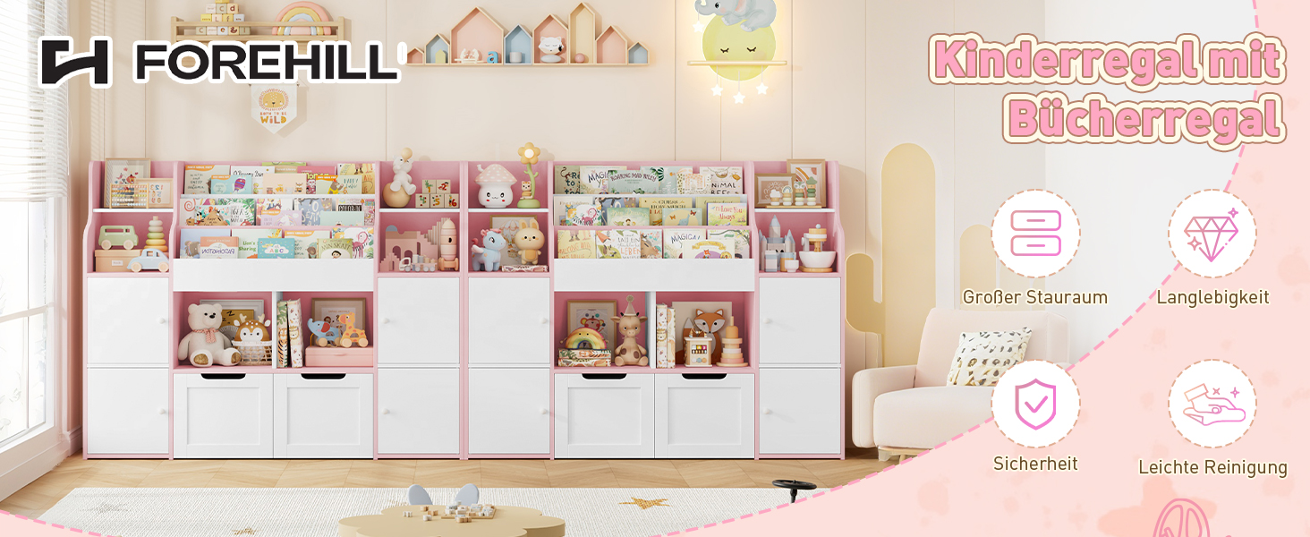 FOREHILL Дитяча полиця-стелаж для іграшок та книг у кімнату з дерева, рожева, 122 x 30 x 100 см