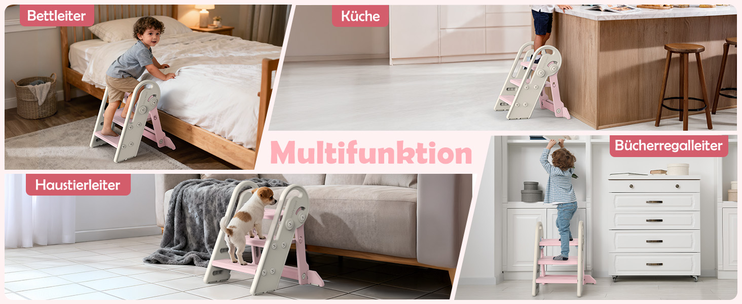 Дитячий підсходильник Onasti Tritthocker, регульована висота, 3 сходинки, з ручками, складний, анти-ковзний, для кухні, ванної кімнати, умивальника та туалету (Сірий) Сіро-білий (Рожевий)