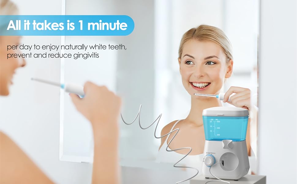 Електричний ірригатор для порожнини рота TUREWELL з 10 рівнями тиску та 8 насадками, IPX7, 600 мл, для дому (відбілювання)
