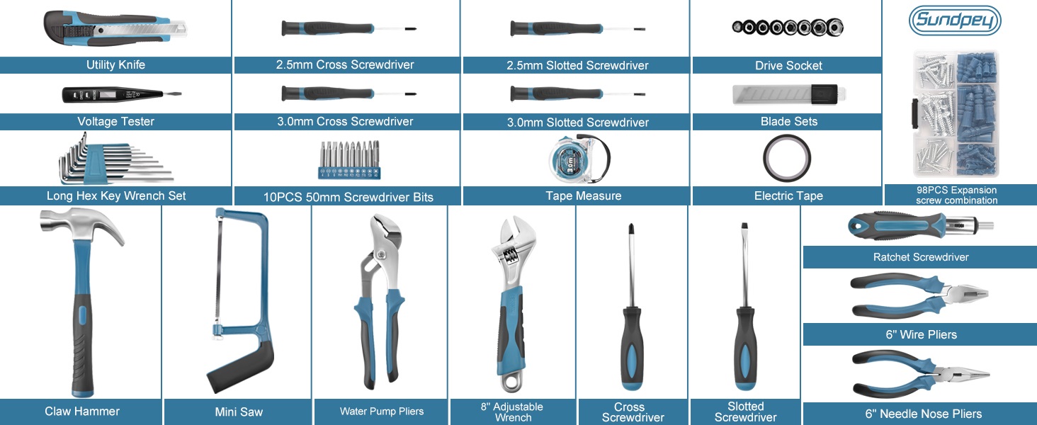 Набір інструментів Sundpey 148 предметів в кейсі: універсальний набір для дому та ремонту з викрутками, ключами, плоскогубцями та тестером напруги (синій)