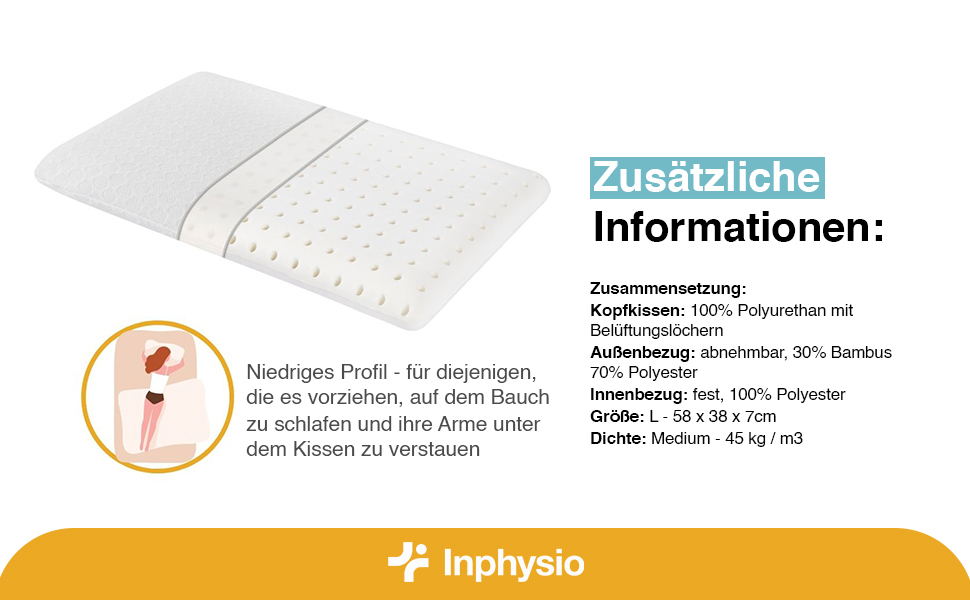 Дитяча подушка Inphysio з memory foam - бамбукова тканина, гіпоалергенна - для комфортного сну - ергономічна подушка для шиї - 50 x 30 x 5,5 см (перлова)