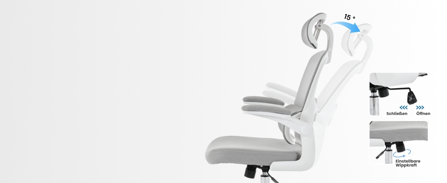 Офісний крісло SEEDWAVE з ергономічною підтримкою спини, регульованою підголівником та функцією гойдання, сірий та білий колір, до 150 кг