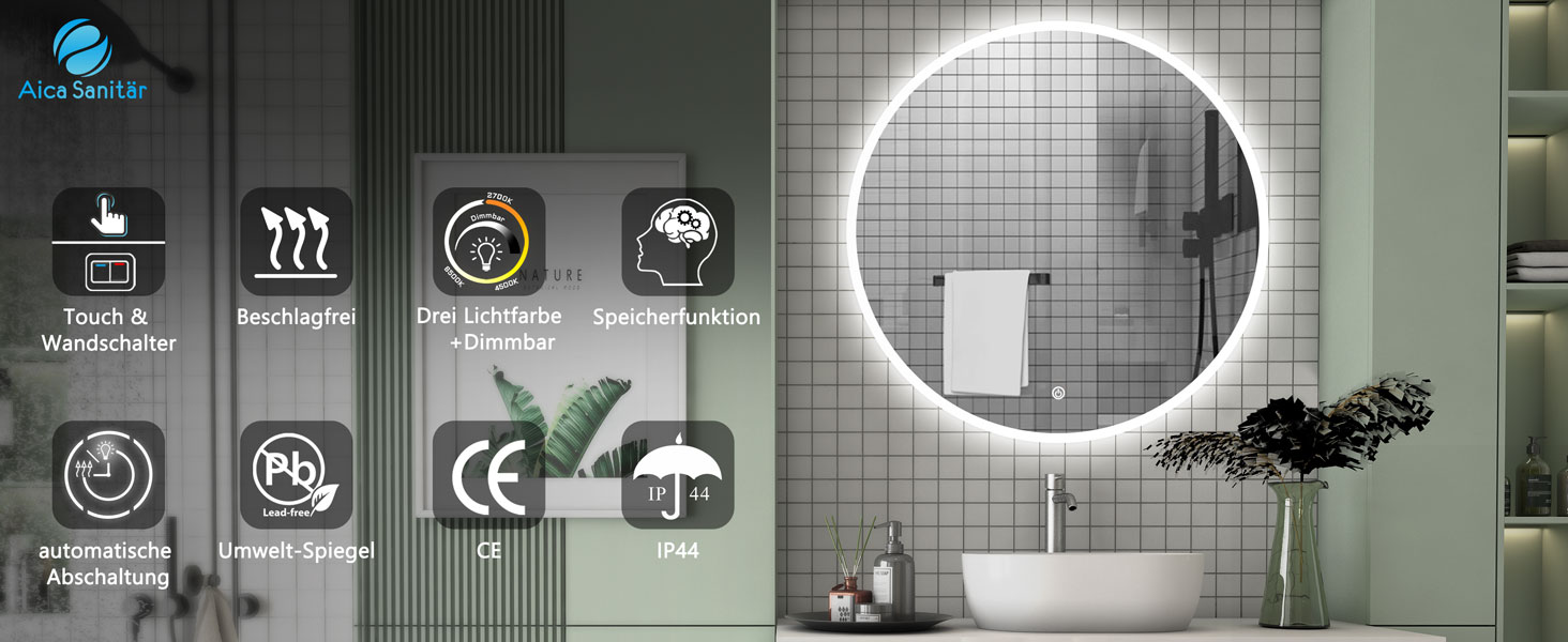 LED дзеркало для ванної кімнати Aica Sanitär, кругле, 50 см, з підсвічуванням (холодне/нейтральне/тепле світло), диммування, функція пам'яті, сенсорне управління, запобігання запотіванню, автоматичне вимкнення