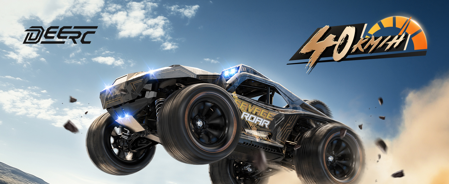 Радіокерований позашляховик DEERC 1:14 40 км/год, RC-трак 4x4 2.4 ГГц з LED-фарами, 2 акумулятори, іграшка для хлопчиків