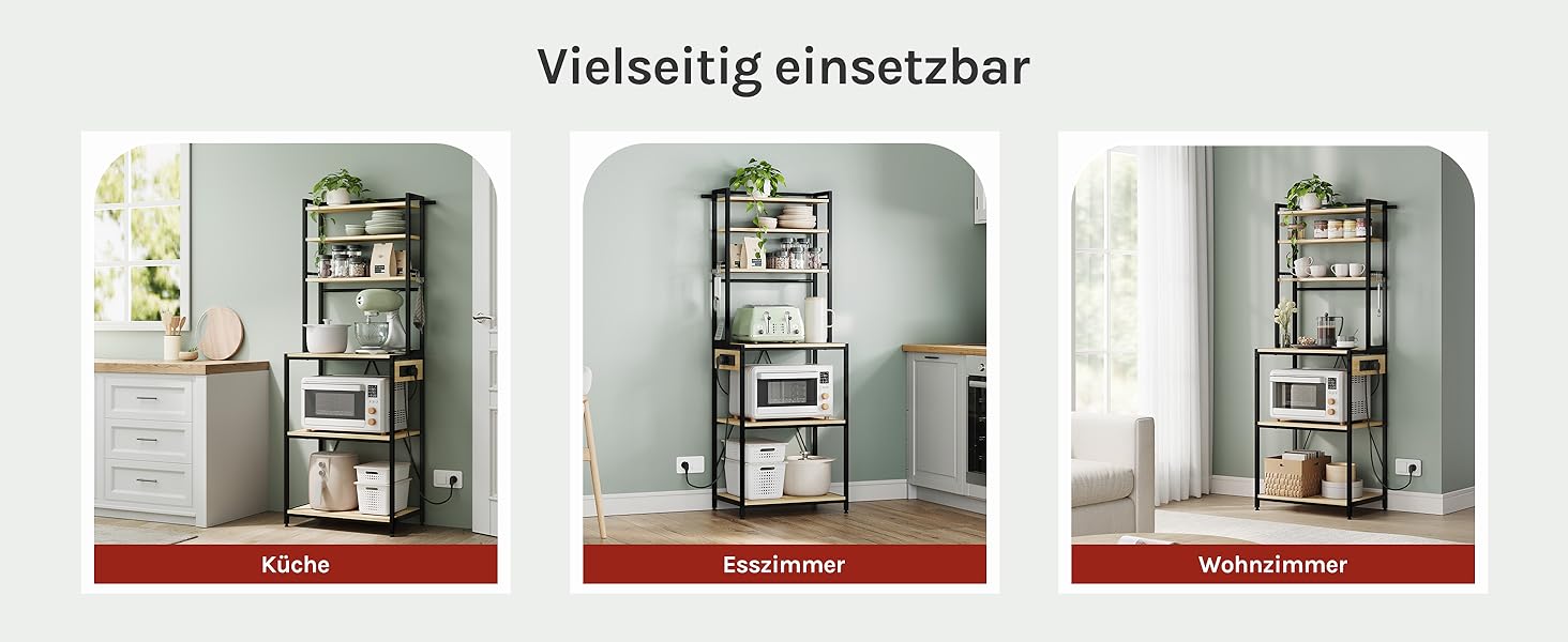 Кухонна полиця WOLTU з 6 ярусами, з розетками, для мікрохвильової печі, з металевим каркасом, регульовані полиці, Чорний+Рустикальне коричневий, 60 x 167 x 40 см (Чорний+світлий дуб, 60 x 39,5 x 167 см)