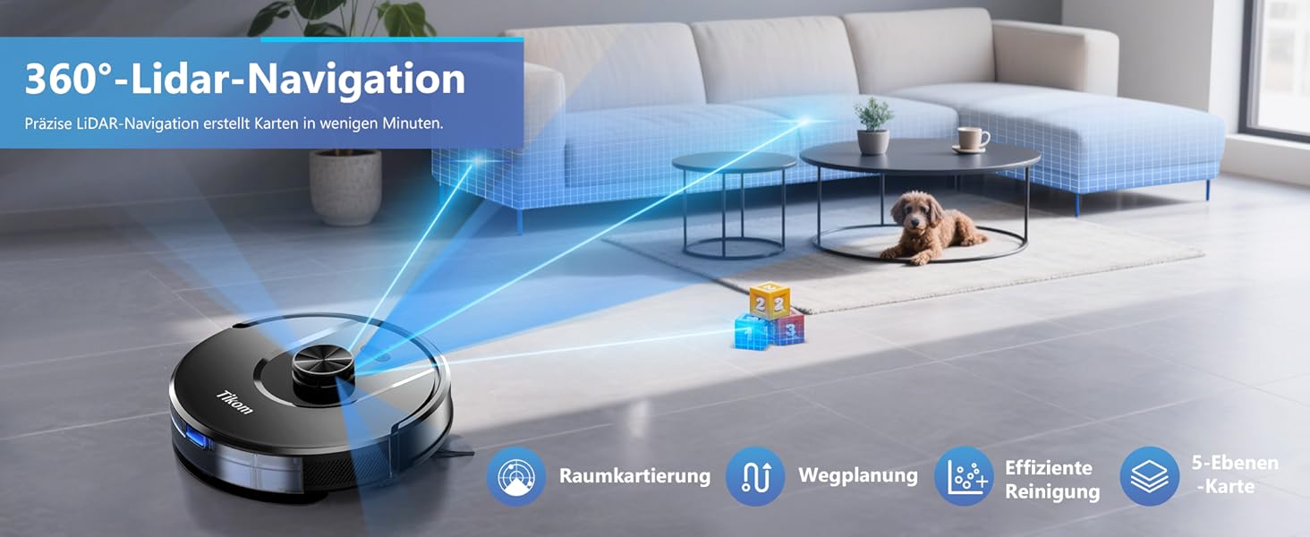 Робот-пилосос з функцією миття Tikom L8000 Pro, 6000Pa, LiDAR, 150 хв, APP, 14 зон, для тварин, килимів та твердих підлог, чорний