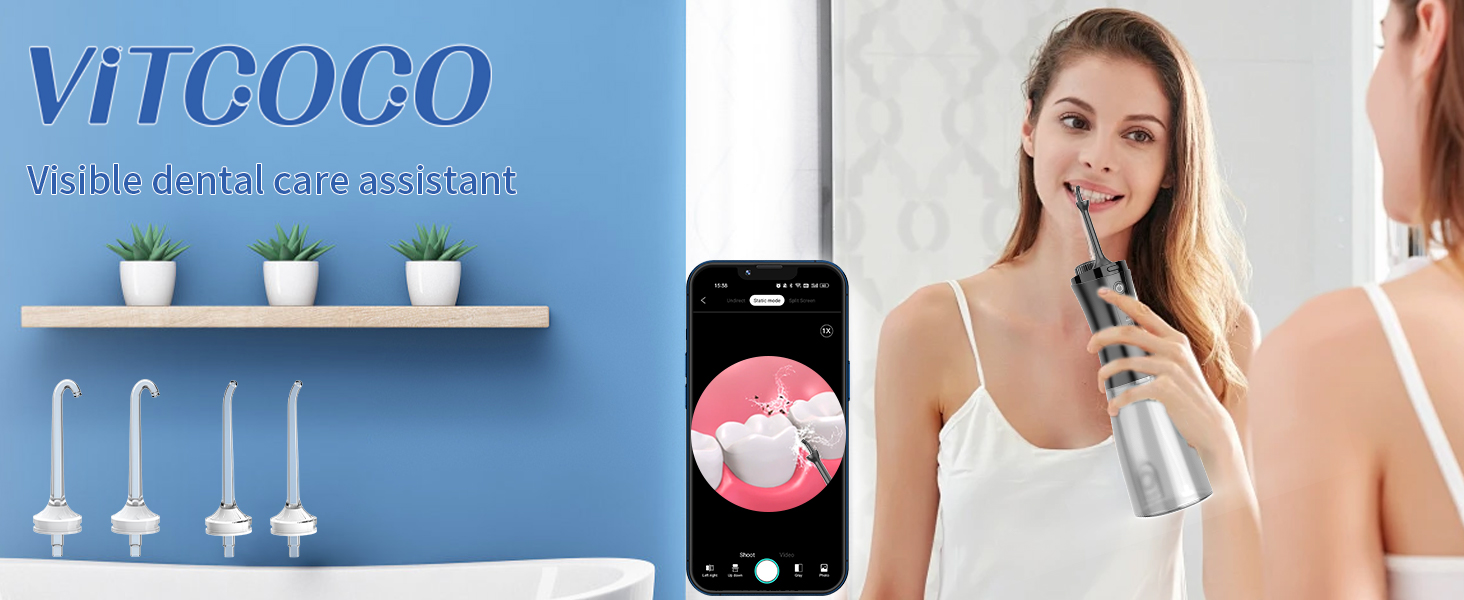 Електрична ірigator для порожнини рота VITCOCO бездротовий, 350 мл, 12 режимів, 5 насадок, чорний