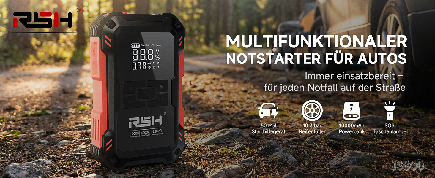 Пусковий пристрій RSH 4000A Jump Starter з компресором 150 PSI, бустер для авто 12V (бензин до 9.0L, дизель до 6.5L), Powerbank 10000 mAh та LED-ліхтарем, 4-в-1