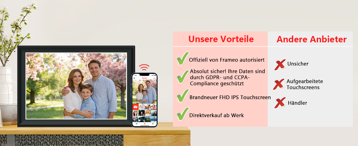 FRAMEO Цифровий фоторамка 15.6" WiFi, IPS, FHD 1920x1080, 32GB, сенсорний екран, автоповорот, для стін, віддалений доступ через додаток FRAMEO