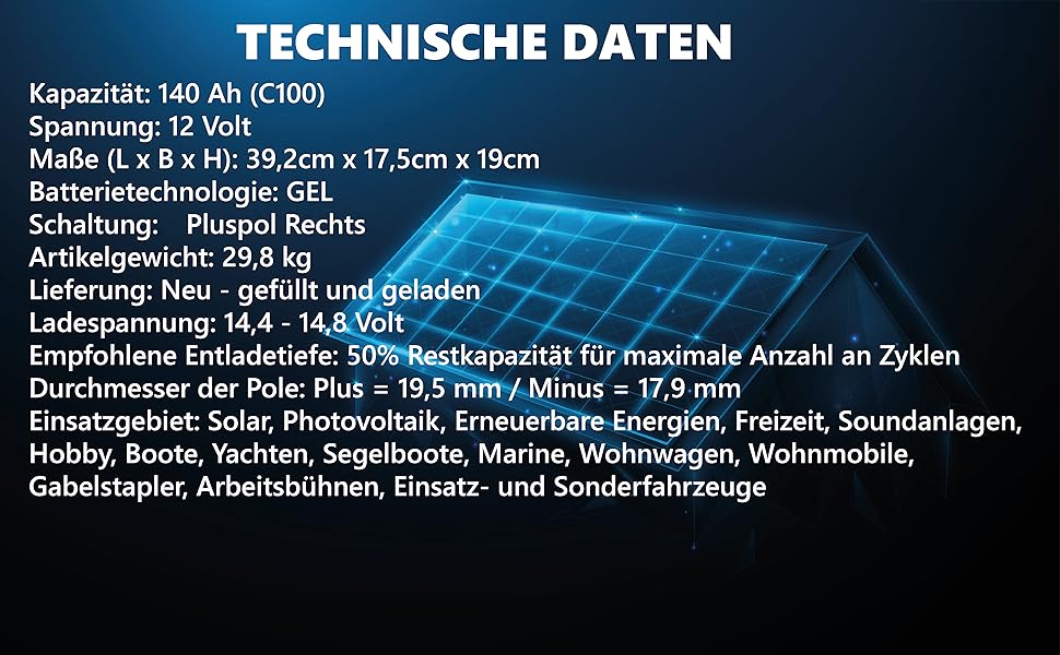 Гелева батарея 12 В 100 Ач Сонячна батарея Сонячні батареї GEL Technology 12 В Сонячна батарея Сонячна батарея Акумулятор для човнів Будинки на колесах, Каравани. (140 Ач)