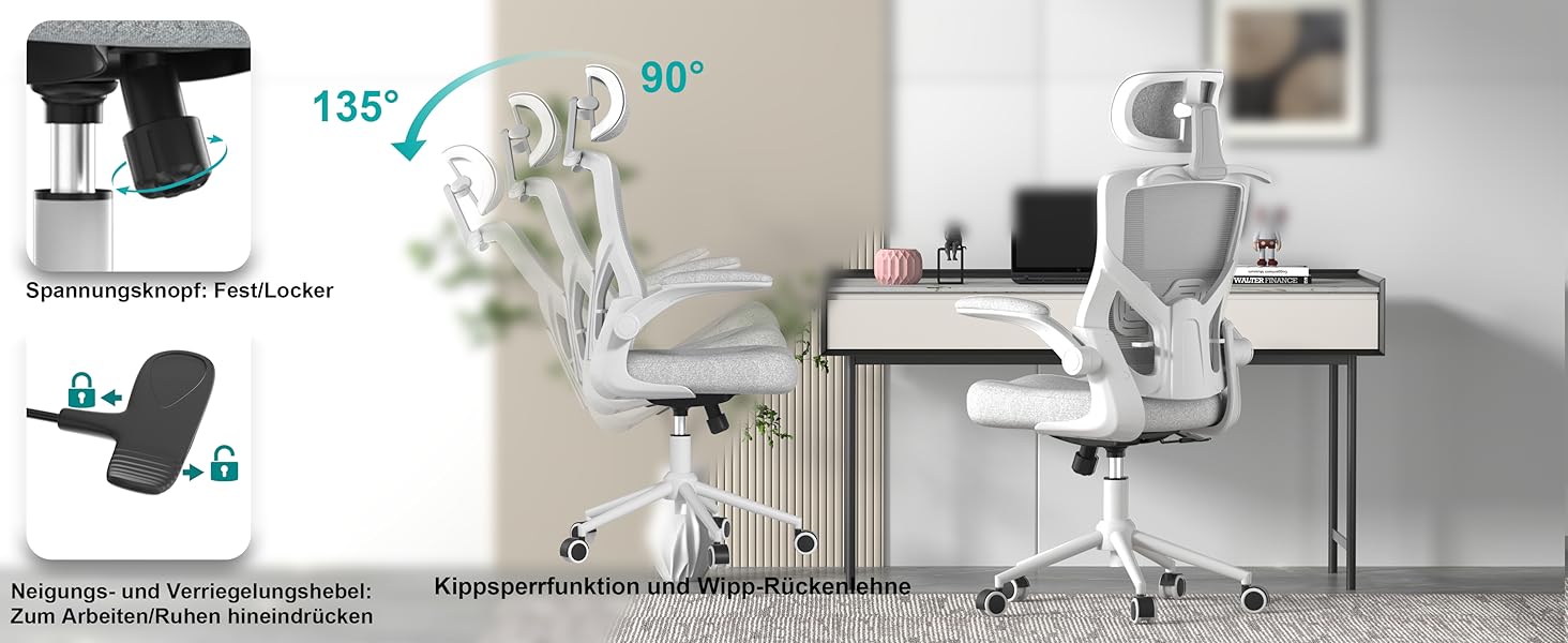 Ергономічне крісло для офісу з регульованою підголівником та поперековою підтримкою – високе офісне крісло з сітчастою спинкою та м'яким сидінням, вішалка для одягу та функцією блокування (білий та сірий)