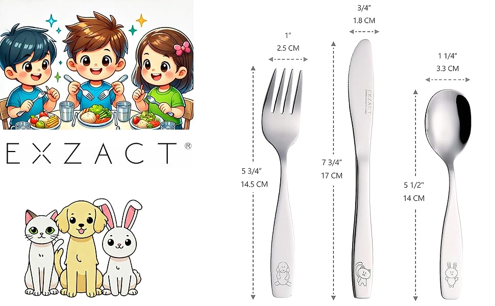 Набір дитячого столового прибору Exzact Edelstahl (12 шт.) - 4 виделки, 4 ножі, 4 ложки (Собака, Кіт, Заєць)