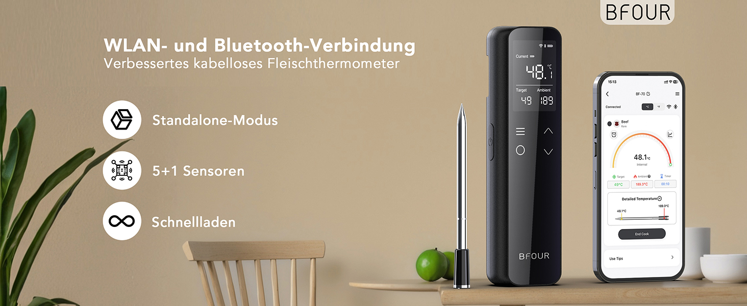 Термометр для м'яса BFOUR WiFi з Bluetooth, 6 сенсорів, з App-керуванням, бездротовий, для гриля та запікання