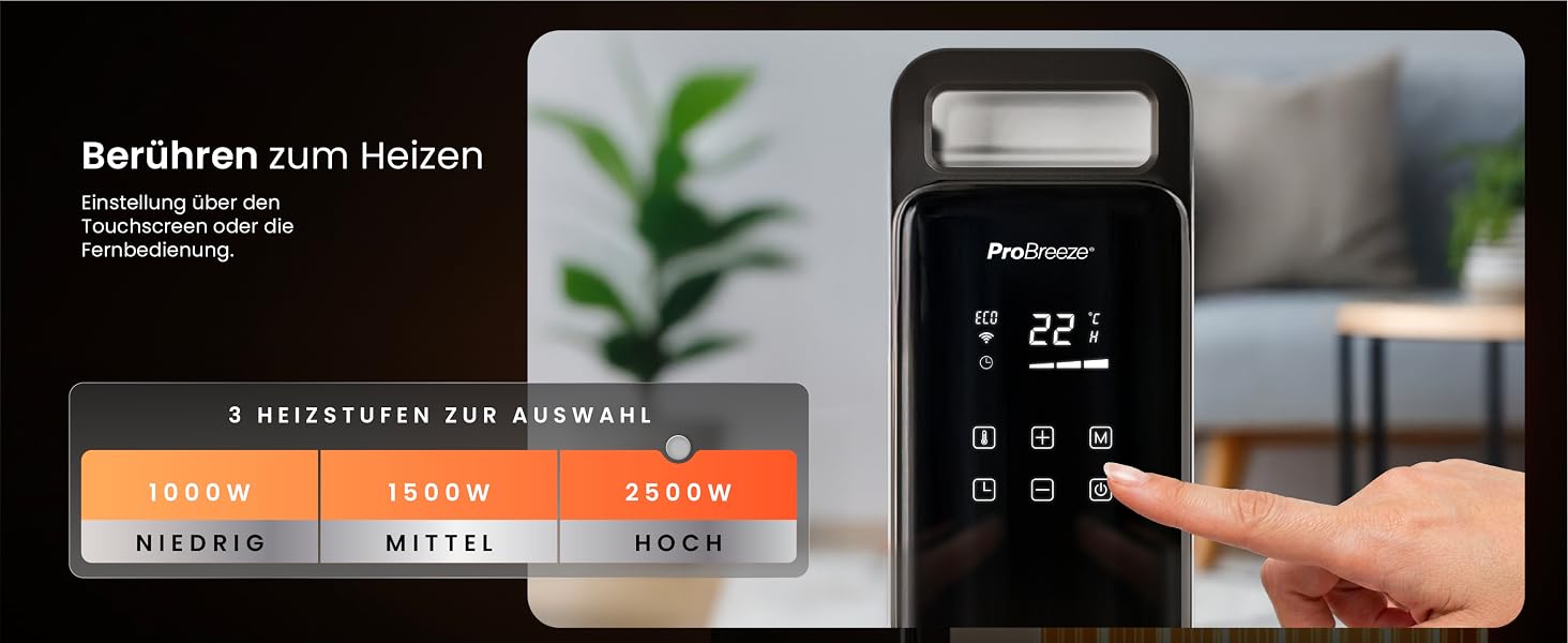 Розумний електричний масляний радіатор Pro Breeze 2500W, 11 секцій, керування через WLAN/App, з термостатом, таймером на 24г та сенсорним дисплеєм, білий