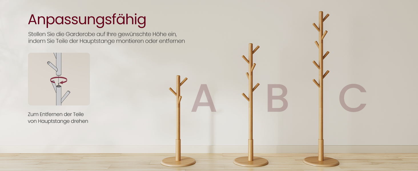 Стійка для одягу VASAGLE, дерев'яна, для вішалок та аксесуарів, 8 гачків, для прихожей, RCR010B01 (натуральний беж)