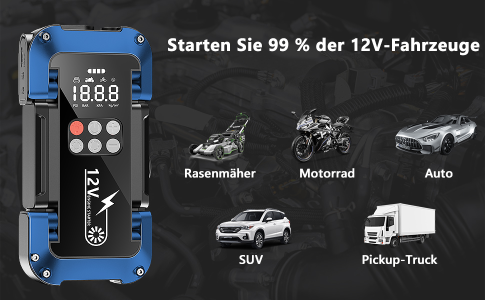 Портативний пусковий пристрій Starthilfe Powerbank з компресором 150PSI, 4000A, 12V для автомобілів та 8.0L дизель, 26800mAh, 4-в-1 з LED-ліхтариком та LCD дисплеєм