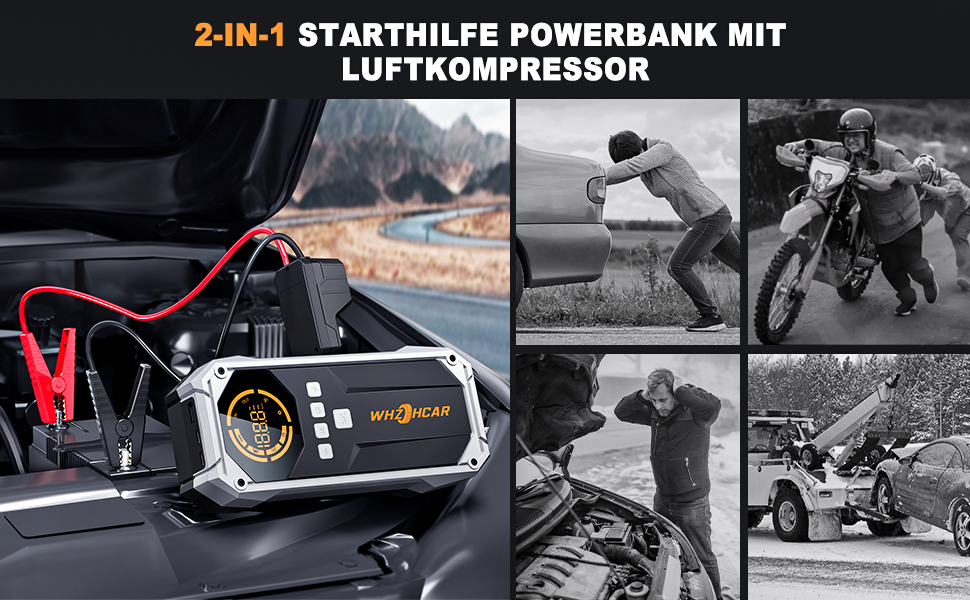 Powerbank Starthilfe 6000A з компресором та LED-ліхтарем: багатофункціональний пусковий пристрій для автомобіля (чорний)