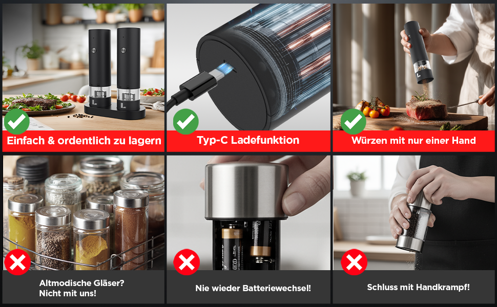 Електрична мельниця для перцю та солі LUNARIA [PREMIUM] – набір, перезаряджувана, регулювання помелу, високоякісний дизайн для кухні та столу