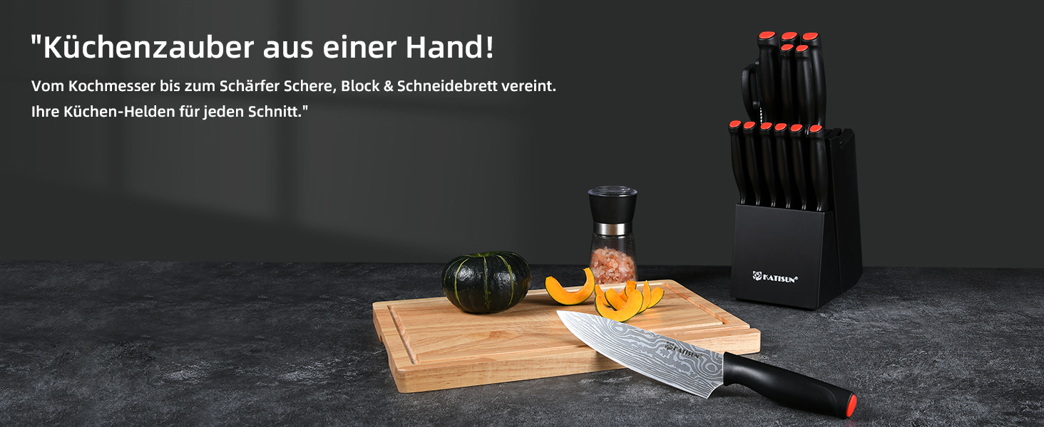 Набір кухонних ножів Katisun 16 шт. з підставкою, точилка, дощечка та ножиці. Японська сталь, чорний колір.