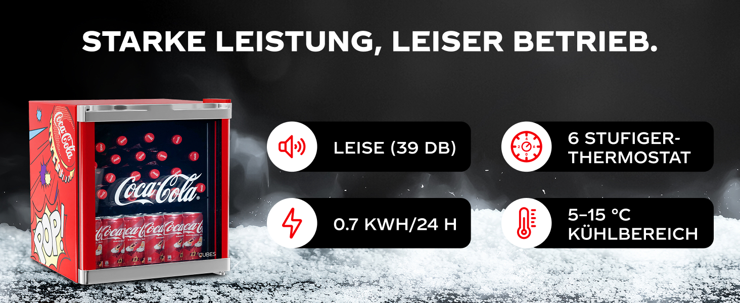Міні-холодильник для напоїв °CUBES Original Coca-Cola PopArt червоний (48л) з glass-дверцяма, енергоефективний та безшумний — для офісу, геймінгу та вечірок