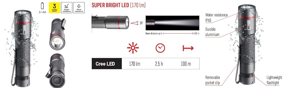 Ліхтар EMOS CREE-LED Ultibright 60, 170 лм, 100 м, ударостійкий, водонепроникний IP65, з кліпсою, чорний