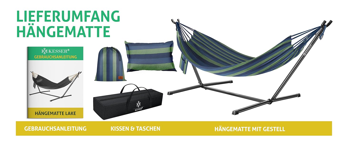 Гамак KESSER® Lake з каркасом для 2 осіб, 200 кг, для дому та саду, XXL гамак-крісло, балкон, тераса, з подушкою, блакитний