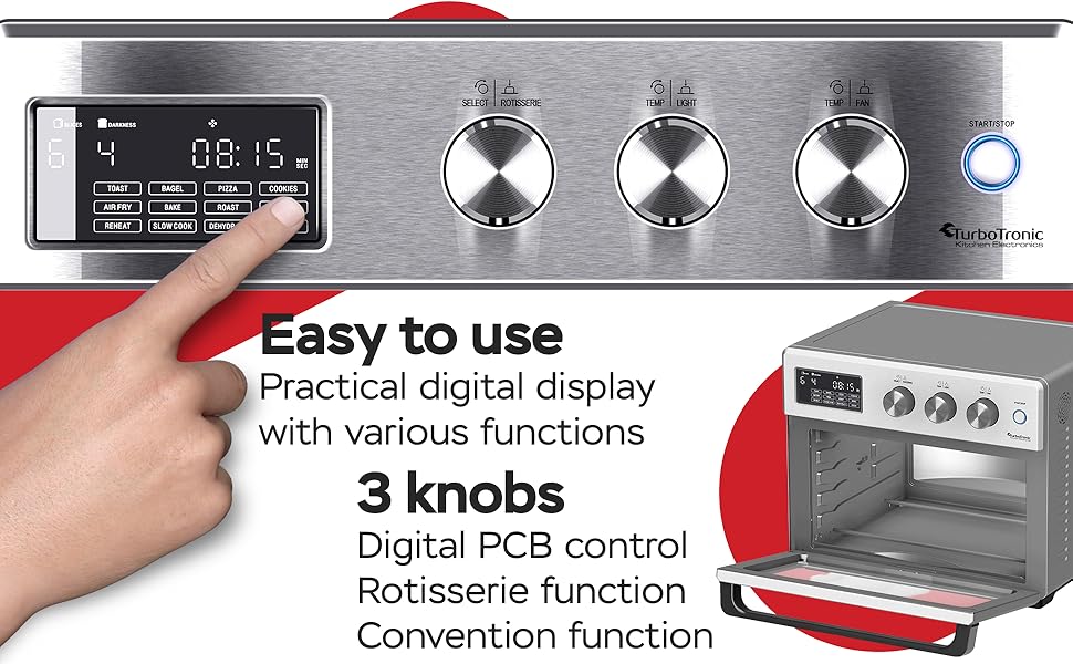 TurboTronic Цифровий Конвекційний Духовий Шовкопряд - XXL 32 літри з поворотним шампуром для курки 5 в 1 Міні-духовка, сушарка та фритюрниця Airfryer від 25°C (Чорний)