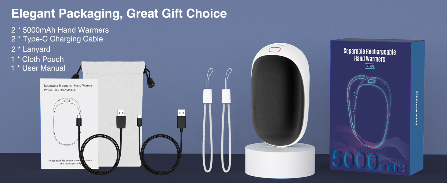 Jonwall Електричний нагрівач рук 2 шт. 5000mAh, перезарядна батарея, магнітний, портативний, USB Powerbank, подарунок для жінок та чоловіків, чорний