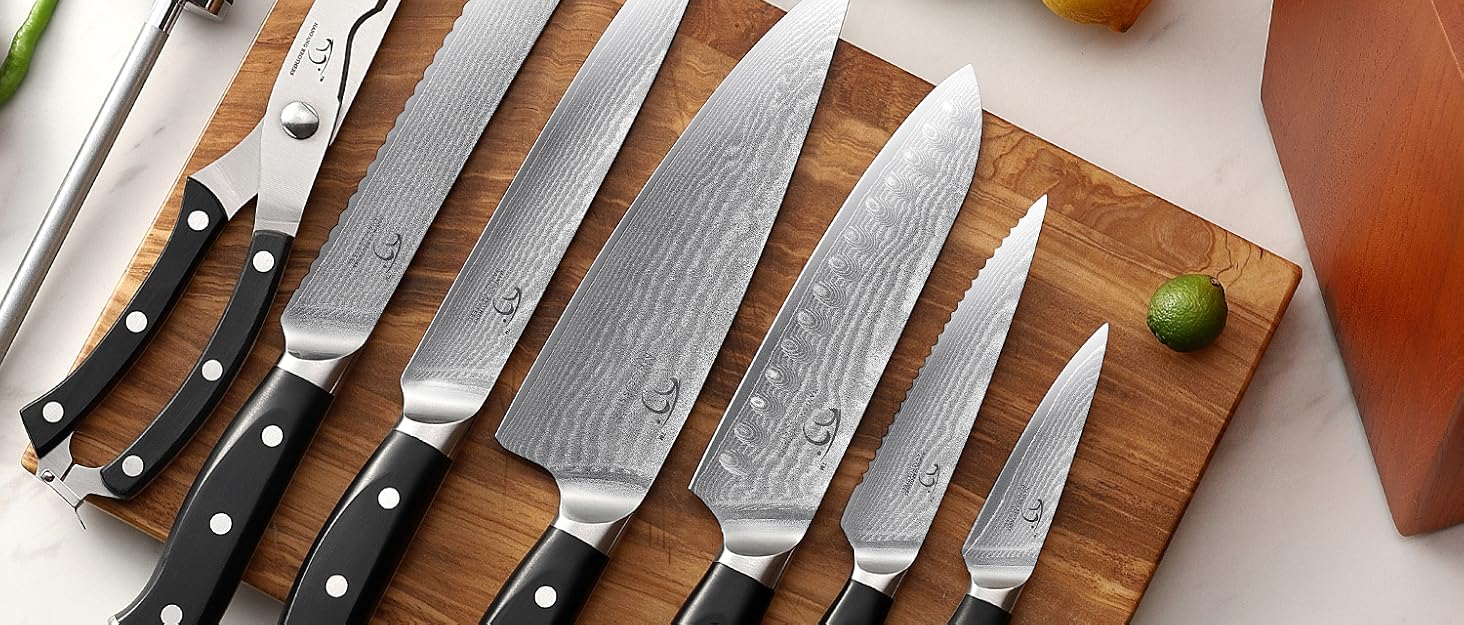 Набір кухонних ножів NANFANG BROTHERS 9 штук з дамаської сталі з дерев'яним блоком, професійний кухонний набір, VG10 сталь, преміум якість