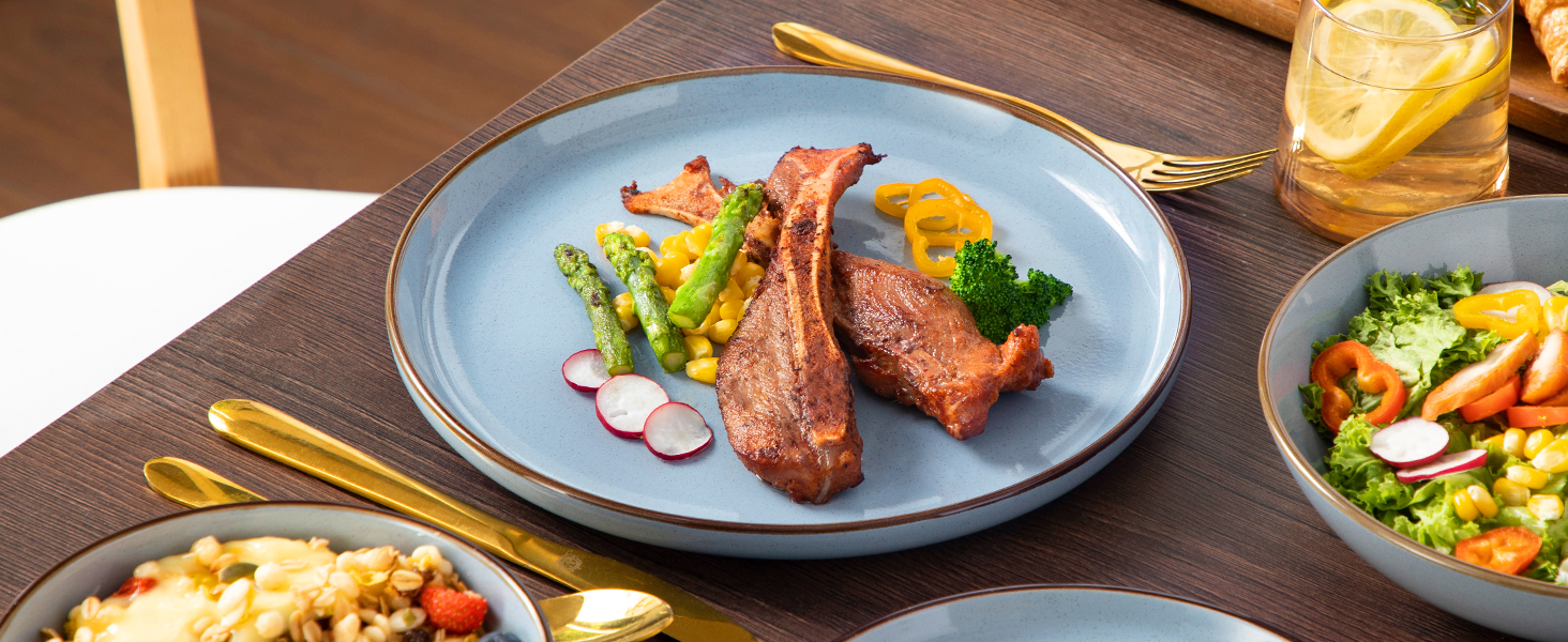 Набір посуду Steingut vancasso LOIRE 24тг. для 6 осіб: тарілки, супові тарілки, десертні тарілки, миски. Сучасний блакитний дизайн, безпечний для мікрохвильовки та посудомийної машини.