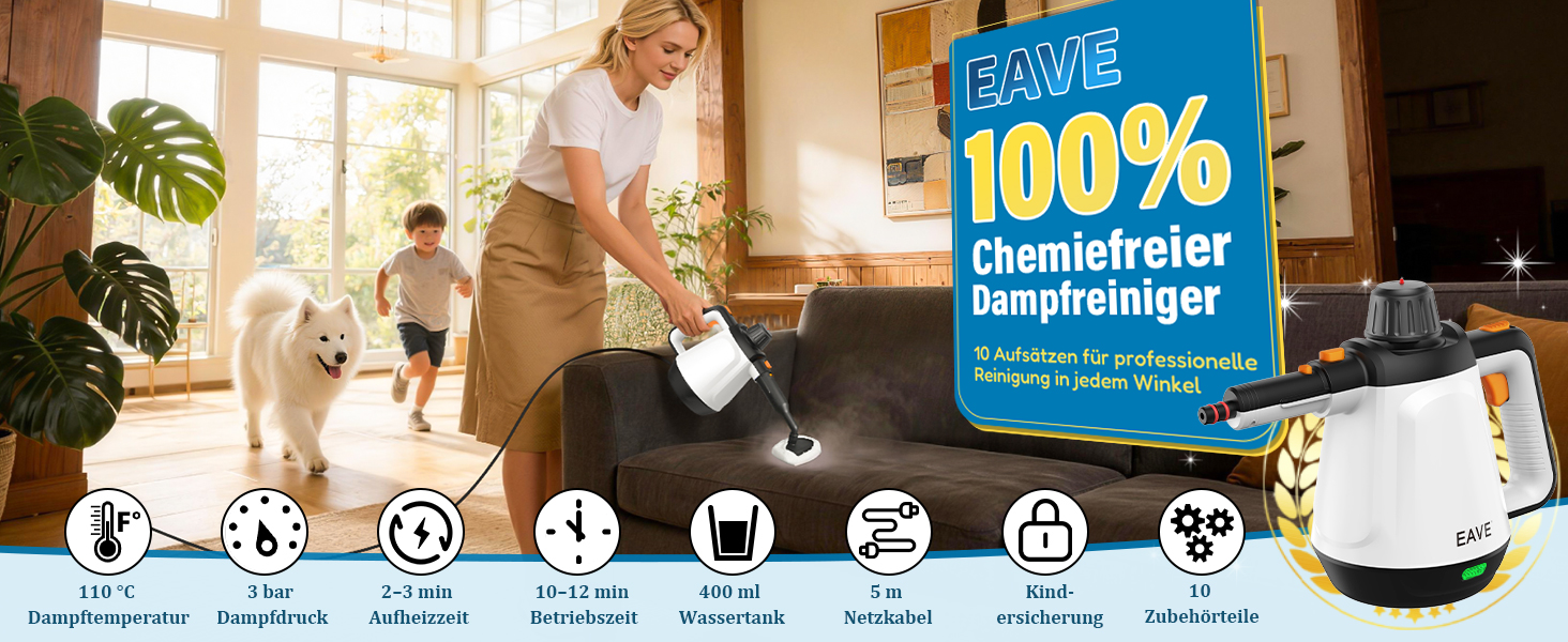 Портативний пароочисник 110°C: ефективне очищення, універсальний пристрій з 10 насадками та 5м кабелем. Ідеально для диванів, килимів, швів та видалення жиру. Колір: білий