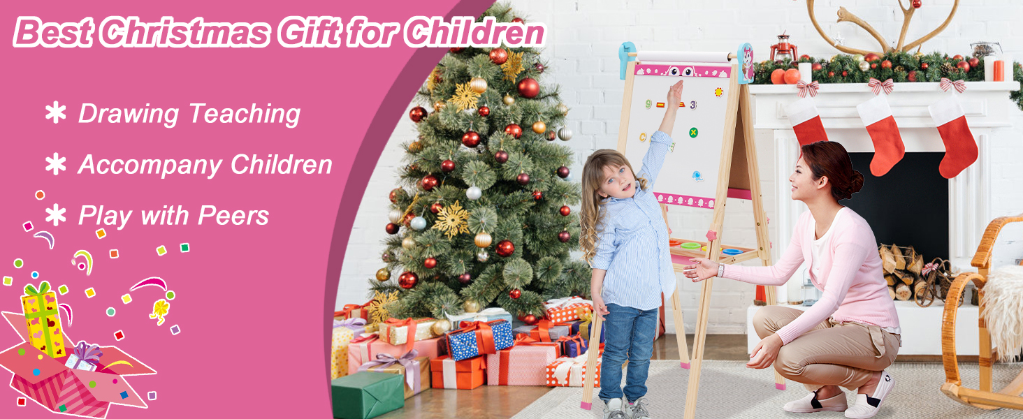 Дитяча мольберт Kinder Staffelei 3 в 1: регульована висота 95-125 см, ролик для паперу, двосторонній, з набором для малювання (100+ шт.), для дітей 3-8 років (рожевий)