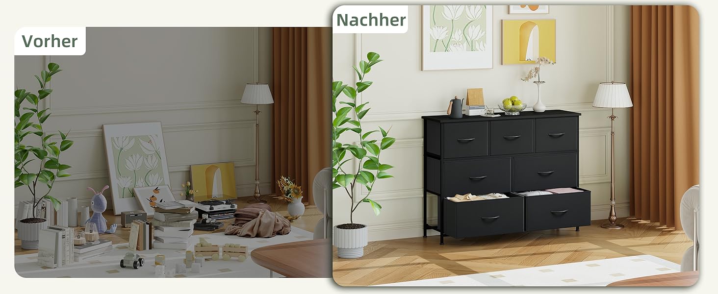 Комод Somdot з висувними ящиками, тканинний комод, комод для спальні, вітальні, прихожої, шафа для зберігання, 5 тканинних ящиків, білий колір, штучна шкіра (чорний, 30T x 100B x 74.5H см (7 ящиків))