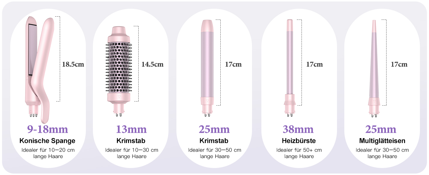 BESTOPE PRO Локкенстаб: Набір випрямляча та плойки 5 в 1 з термощіткою, 3 плойки (9-25 мм) для великих локонів, 13 температур, захисне покриття, рукавичка, затискач (Блідо-рожевий)