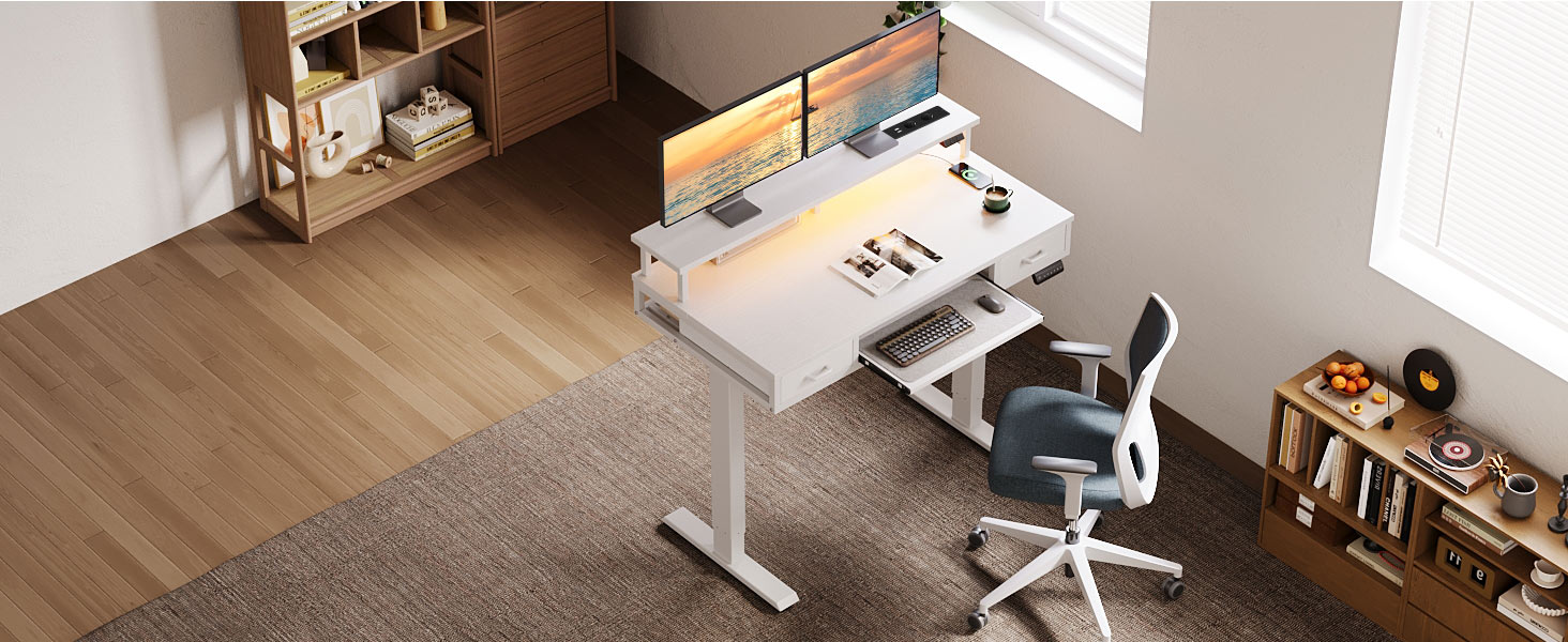 Регульований за висотою стіл OffiGo з 2 висувними ящиками та підставкою для клавіатури, 120 см. Електричний стіл з підставкою для монітора, RGB підсвічування та розетками, білий (120 x 54 см)