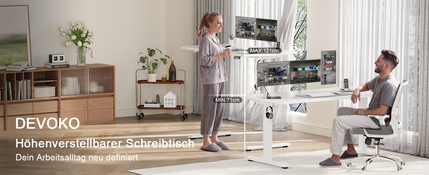 Електричний підйомний стіл Devoko 160x80 см, ергономічний комп'ютерний стіл для роботи стоячи та сидячи, подвійний мотор, пам'ять, USB-C, білий