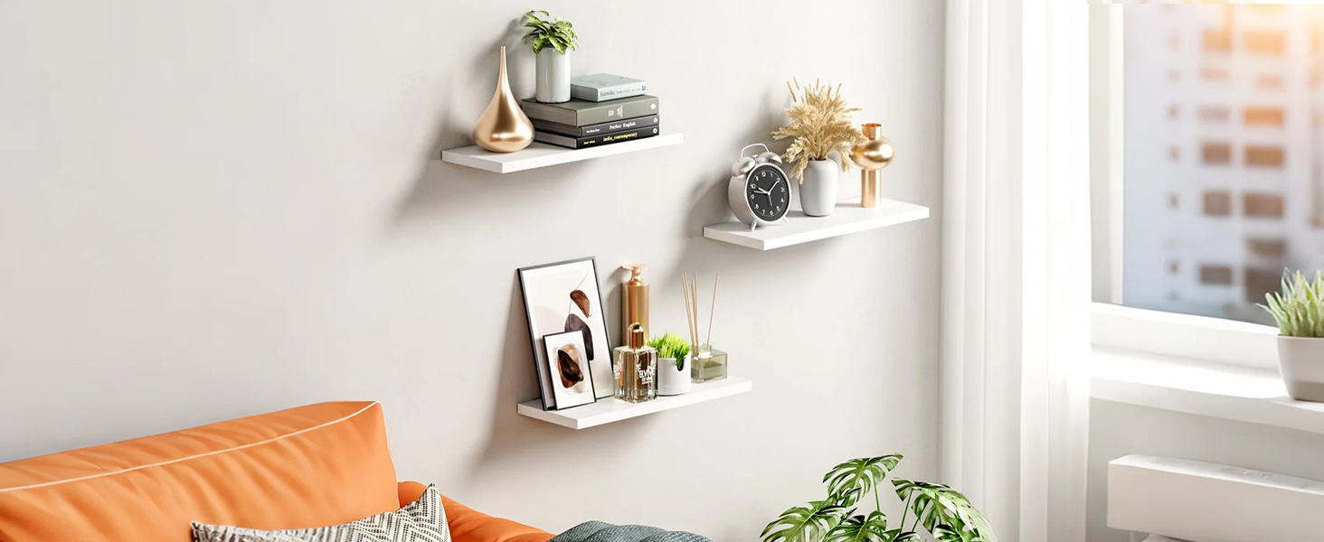 Набір полиць настінних OUDIE білі (3 шт), плаваючі полиці для вітальні, кухні, спальні, офісу, коридору 15x40x1.5 см