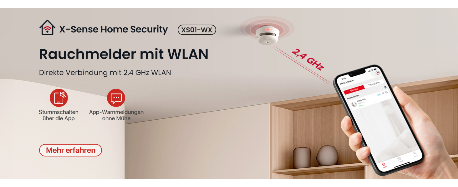 X-Sense Розумний димовий датчик з Wi-Fi, EN 14604, нічний режим, 10 років служби, змінна батарея, керування через додаток, XS0E-iR, білий