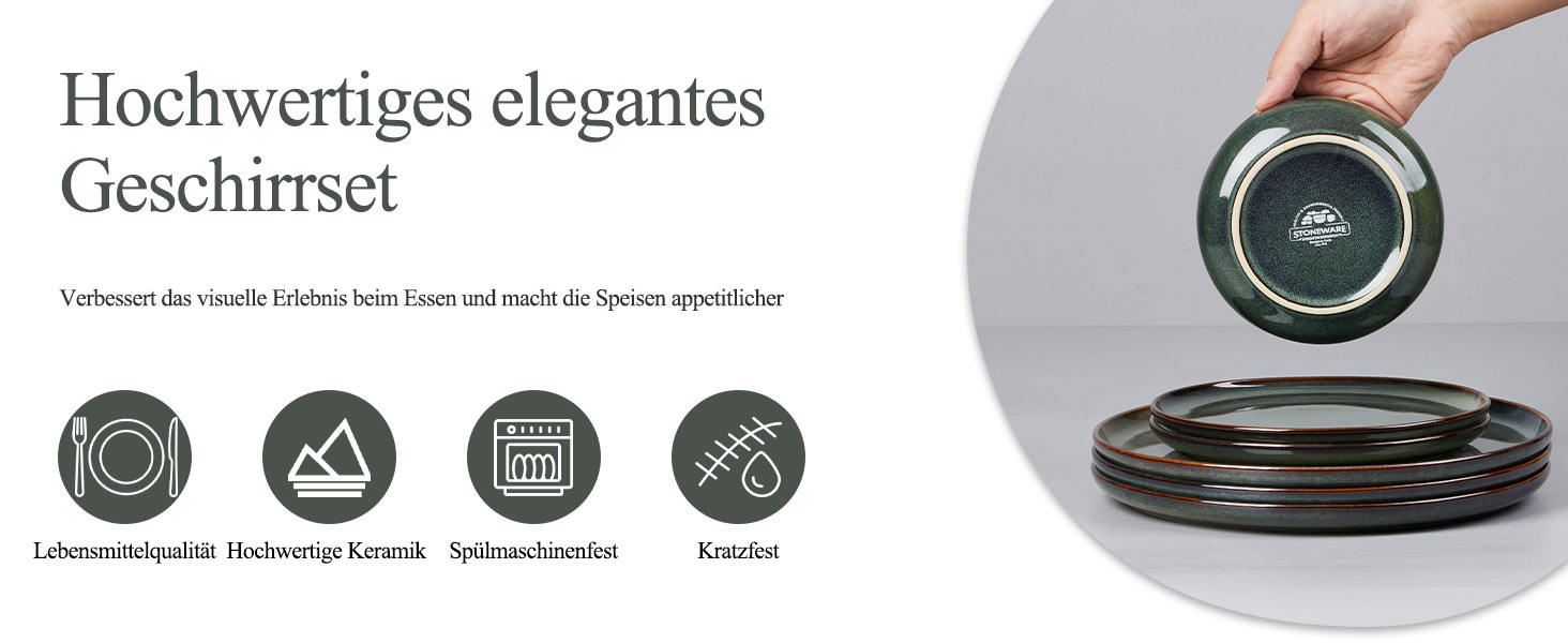 Набір посуду Joyfair на 6 осіб (18 предметів), кераміка, темно-зелений, для мікрохвильовки та посудомийної машини. Елегантний гладкий дизайн.