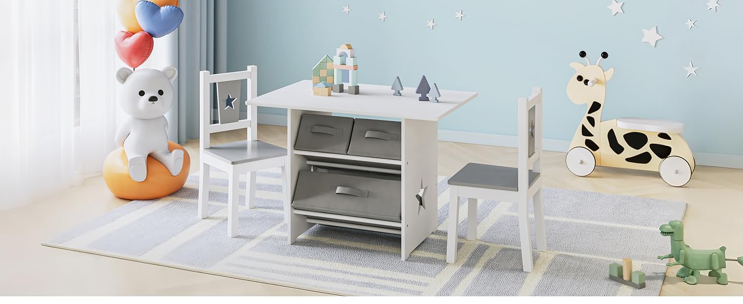 Дитячий набір меблів WOLTU: стіл та 2 стільці з ящиками для зберігання, дерев'яний, сіро-білий