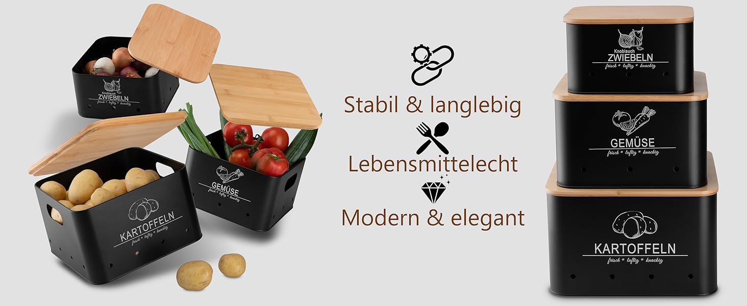 Коробки для зберігання картоплі та овочів MNKsolution (3 шт.) - Чорні контейнери для картоплі, овочів, цибулі та часнику - Органайзер для кухні